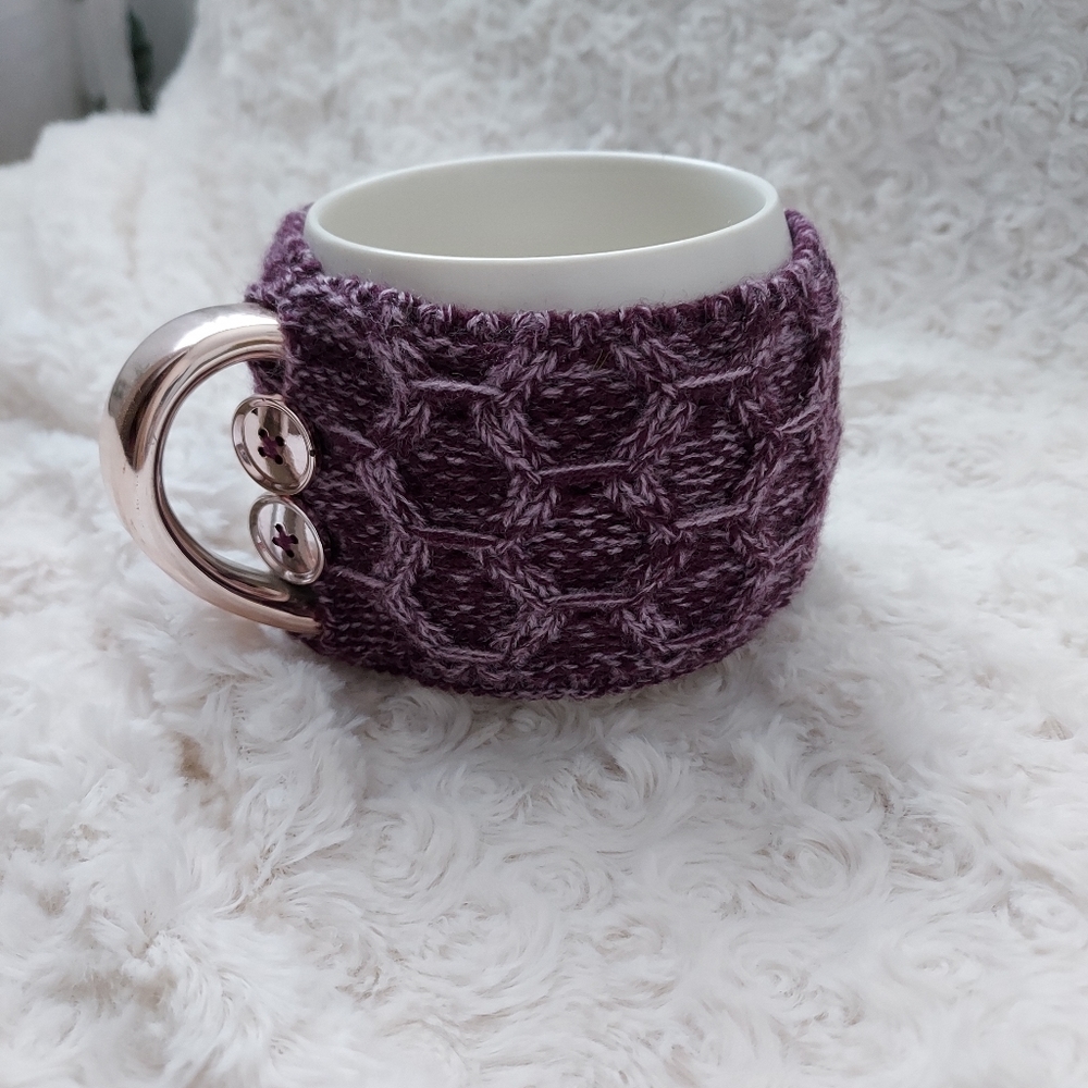 Big Coffee Tea Hot Chocolate Cup with Purple knitted coozie Winter Chalet Cozy